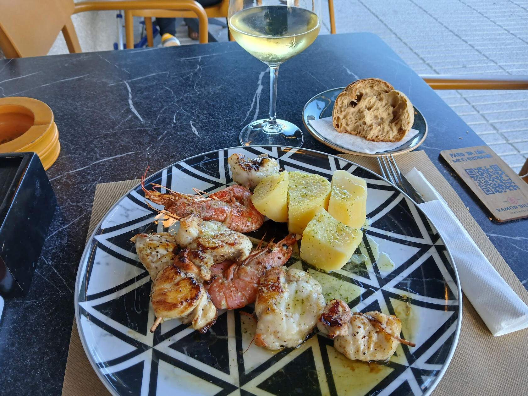 Galician food—Langostinos, scallops, monkfish, and Albarino.